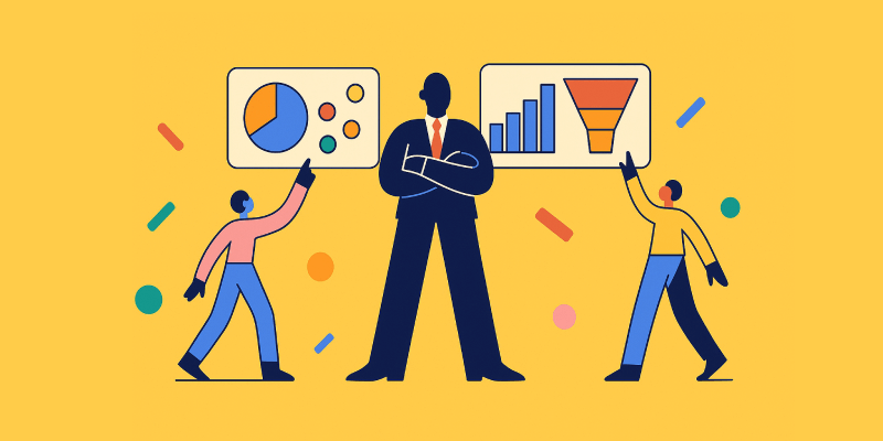 Team presenting business analytics and sales funnel