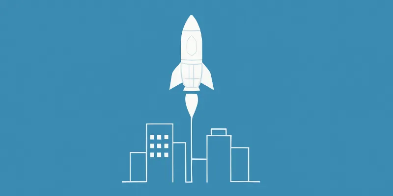 Rocket launching above city skyline illustration.