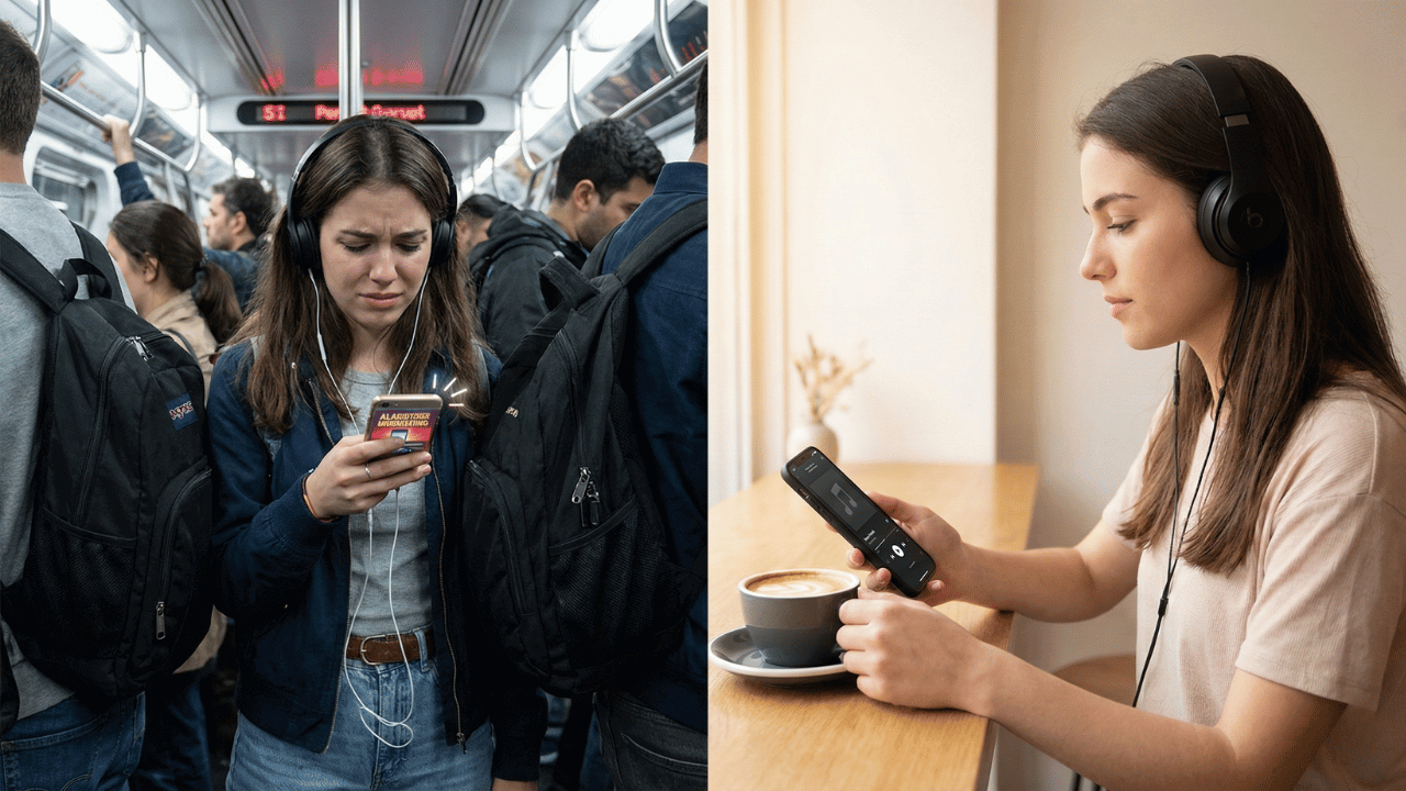 Women using smartphones with headphones in different settings