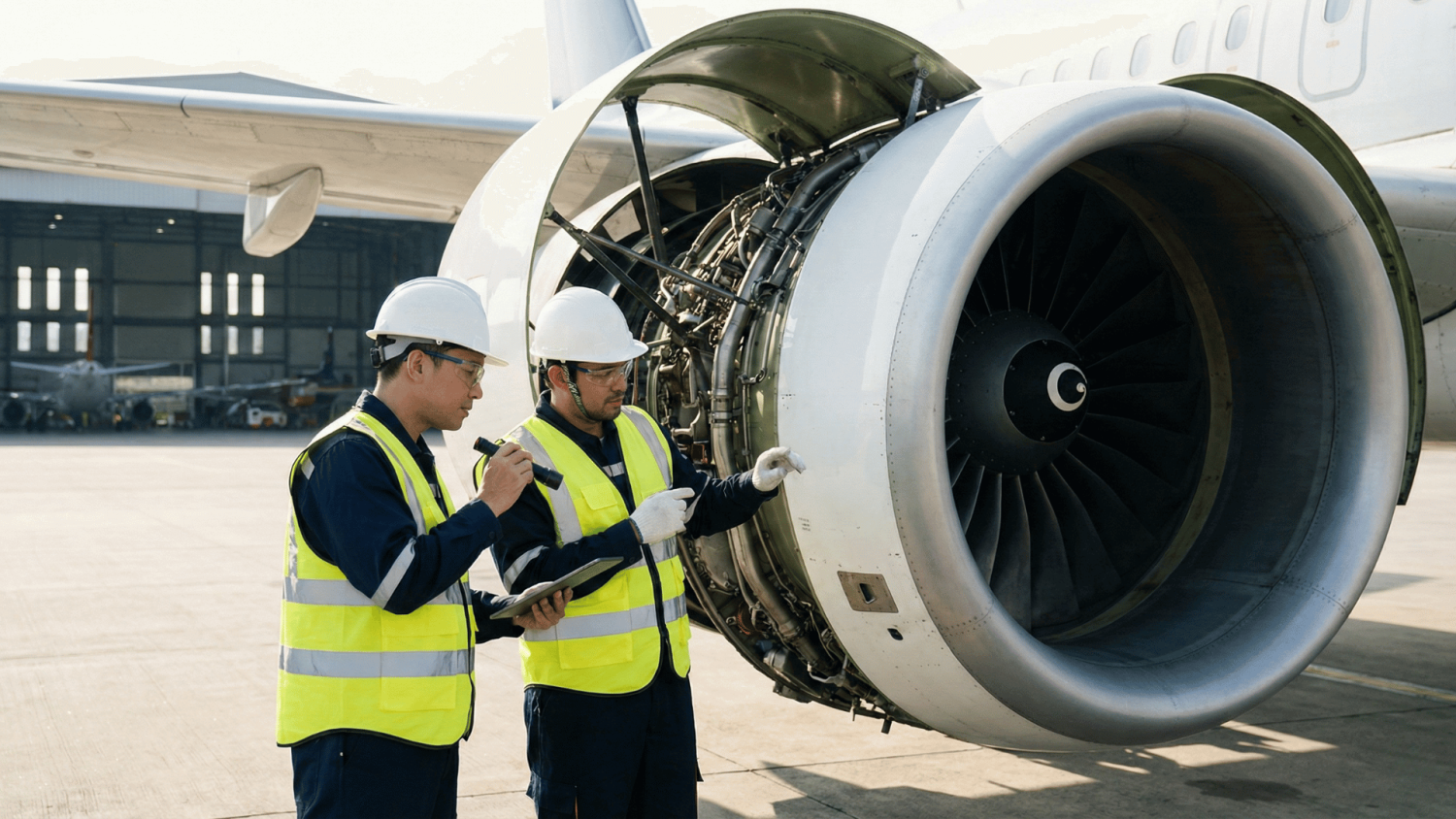 Engineers inspecting airplane jet engine outdoors