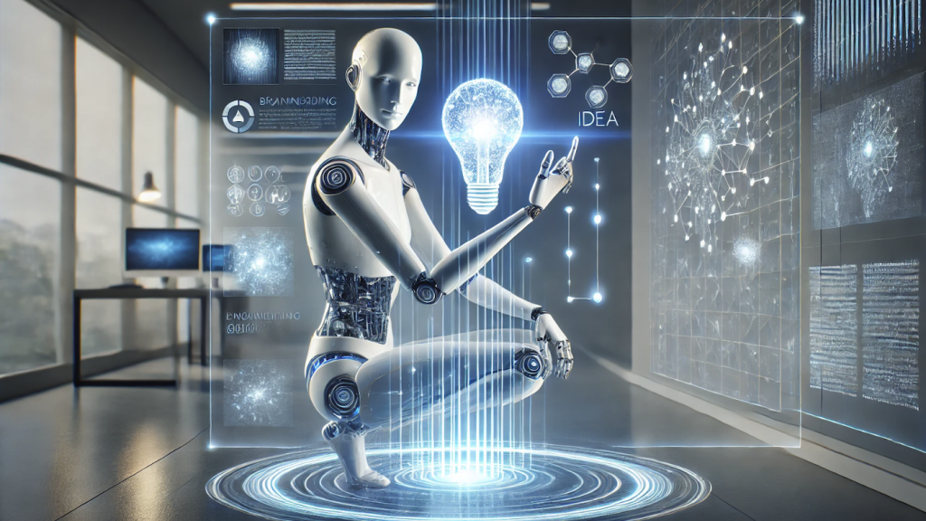 Futuristic robot with holographic interface and light bulb.